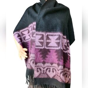 FENDI 100% Acrylic Black Purple Geometric Pattern Fringed Scarf Italy 72"x20"